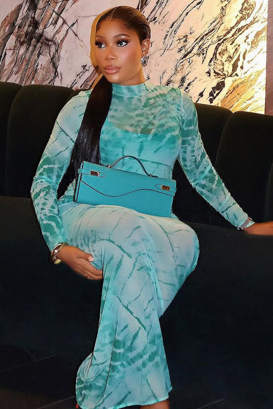 Artistic Teal Tie-Dye Sheer Turtleneck Maxi Dress