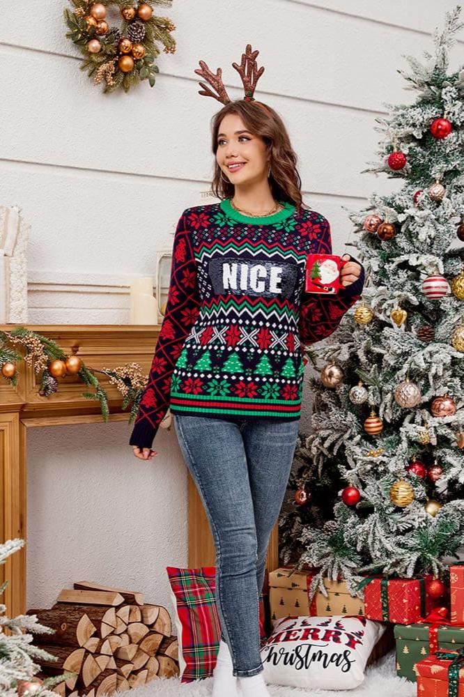 Sequin Embroidered Jacquard Knitted Sweater