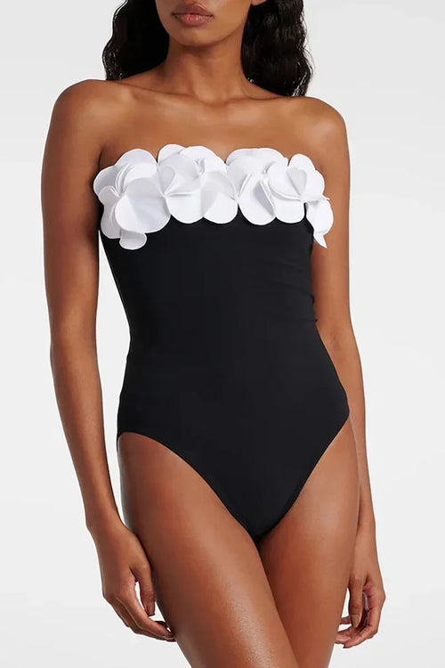 3D Floral Strapless Black Swimsuit
