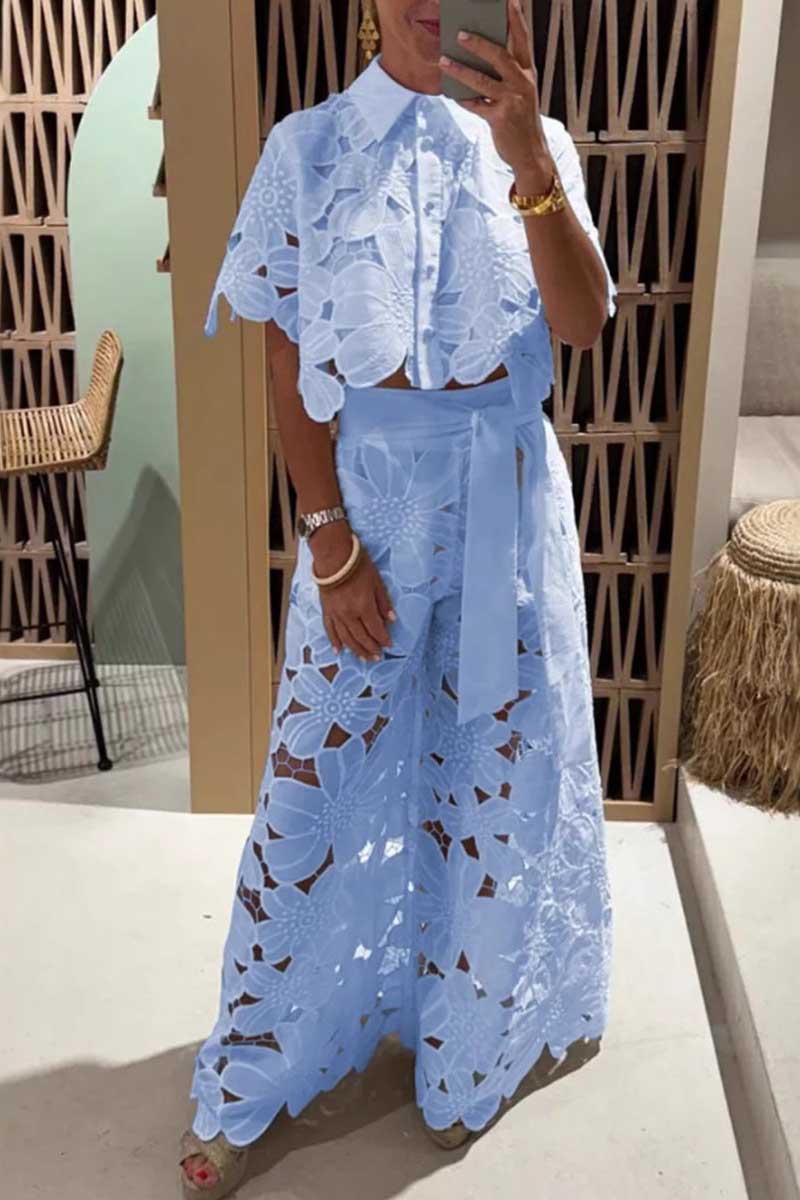 Solid Color Hollow Cardigan Two-piece Set
