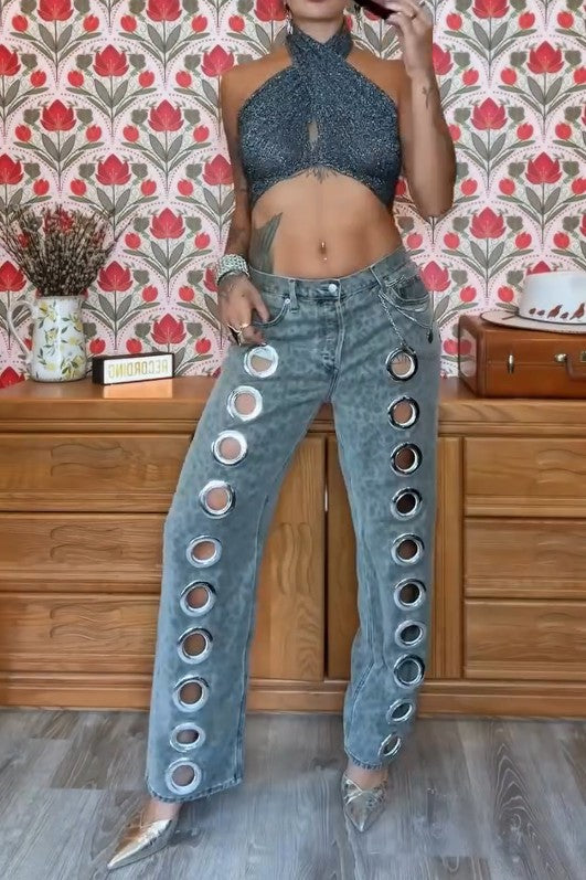 Leopard Print Eyelet Jeans