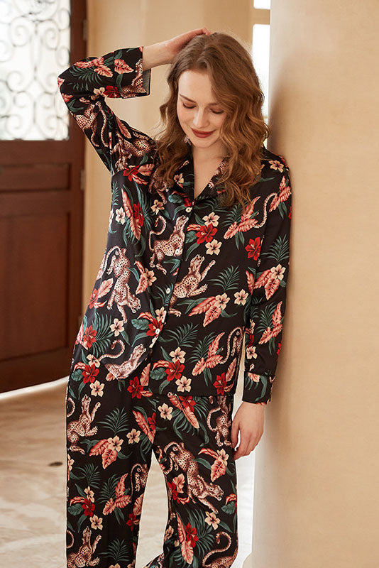 Jaguar Floral Print Long-Sleeve Loungewear Set