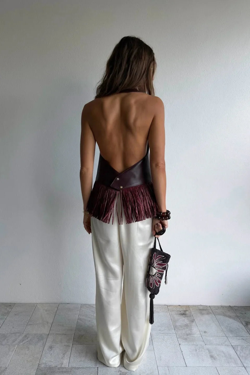 Burgundy Leather Halter Fringe Top