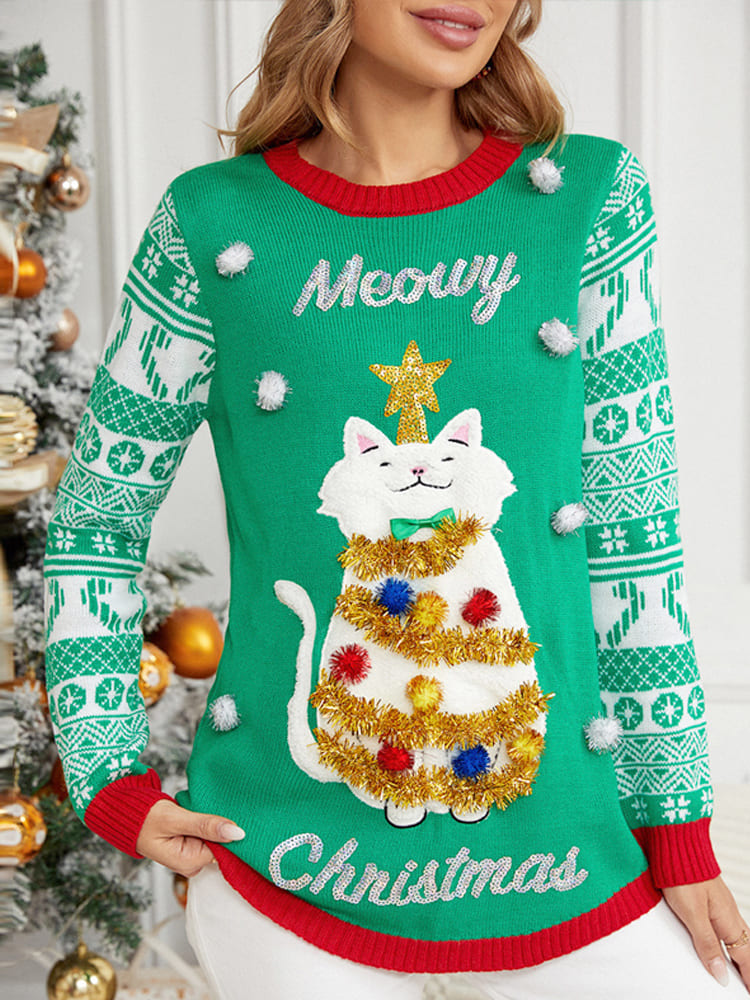 Christmas Long Sleeve Cat Appliqué Round Sweater