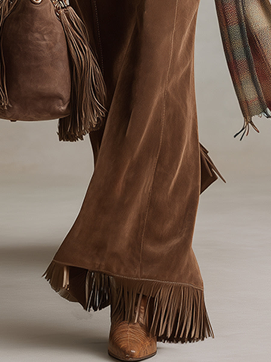 Retro Versatile Brown Faux Suede Tassel Pants