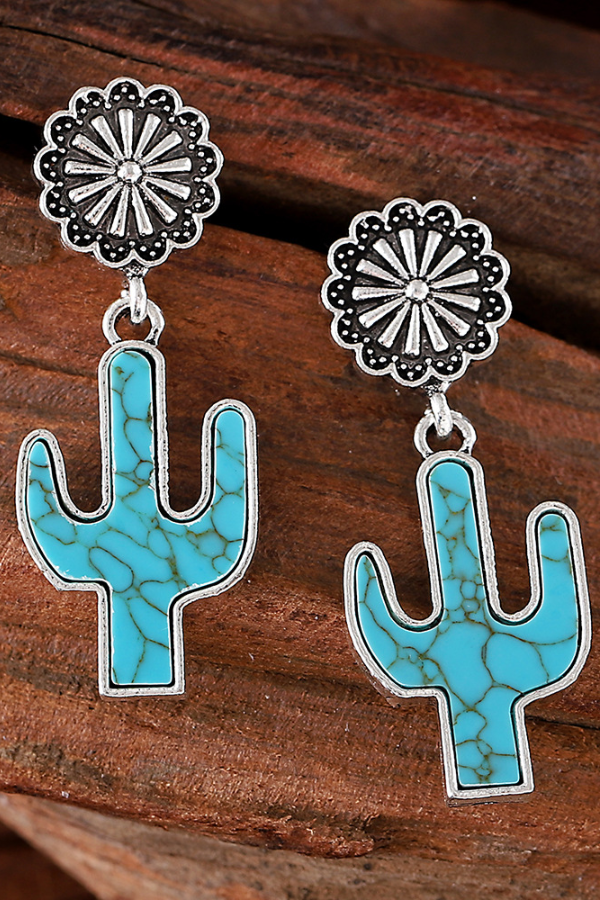 Western Retro Turquoise Cactus Flower Earrings