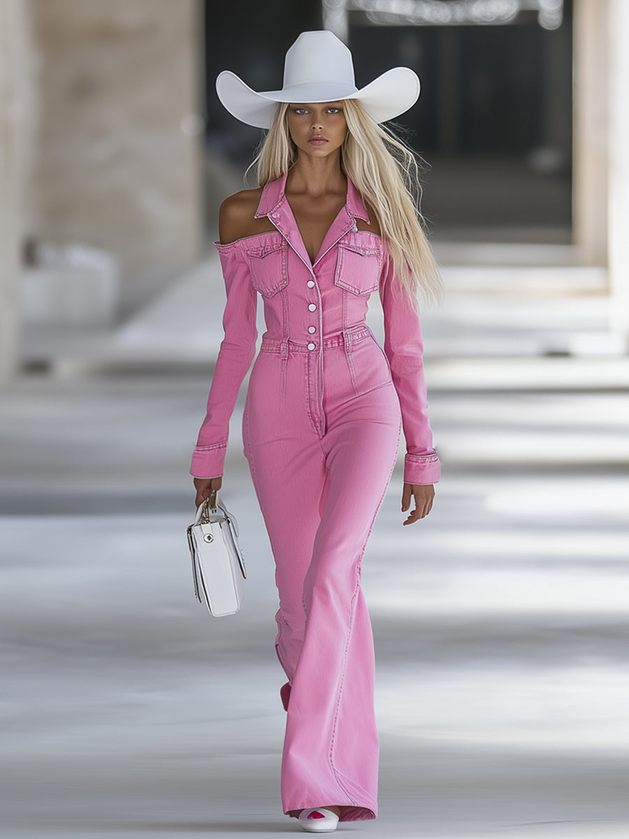 Personalized Lapel Pink Denim Flared Jumpsuit