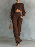 Coffee-colored Top And Wide-leg Pants Knitted Set