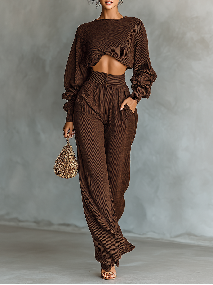 Coffee-colored Top And Wide-leg Pants Knitted Set