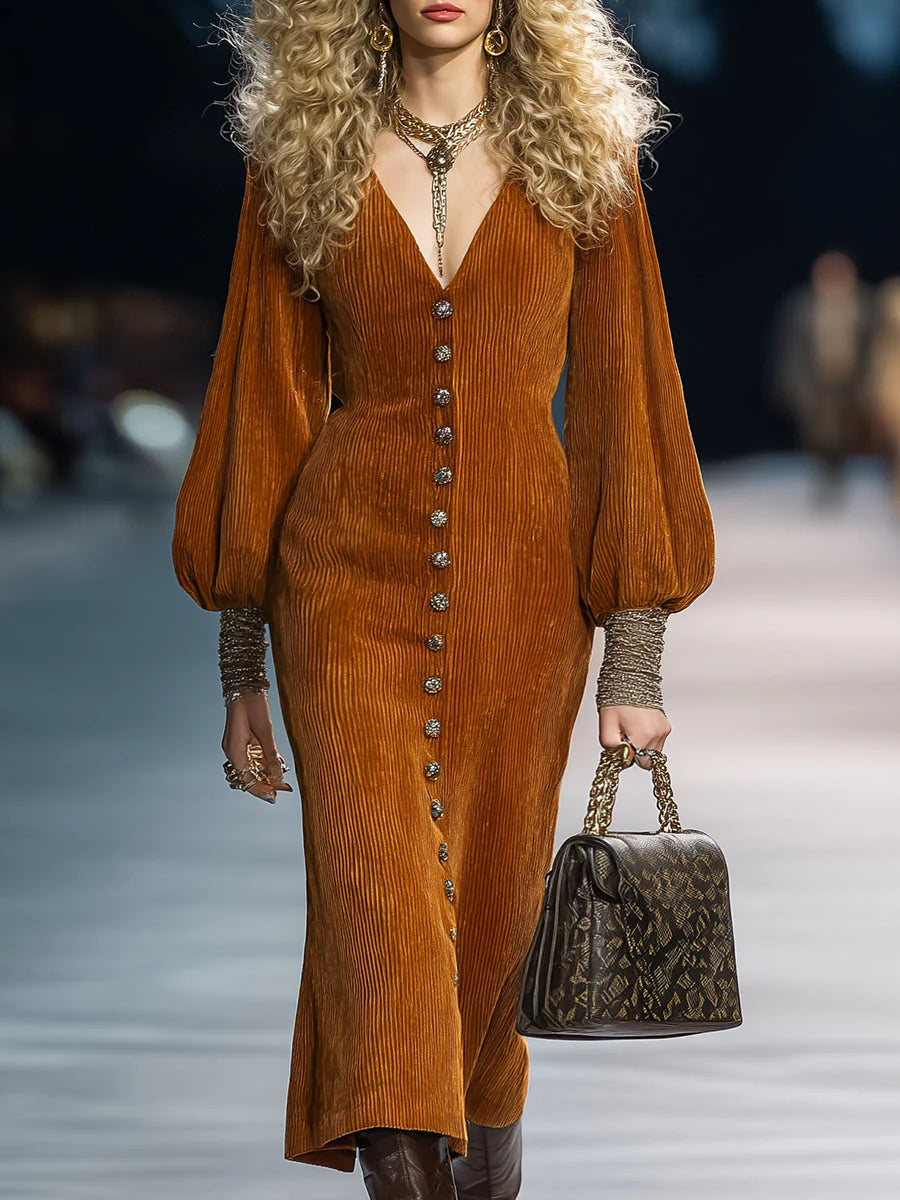 Vintage Puff Sleeve Brown Corduroy Midi Dress