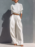 All White Half Long Sleeve Loose Two-piece Set