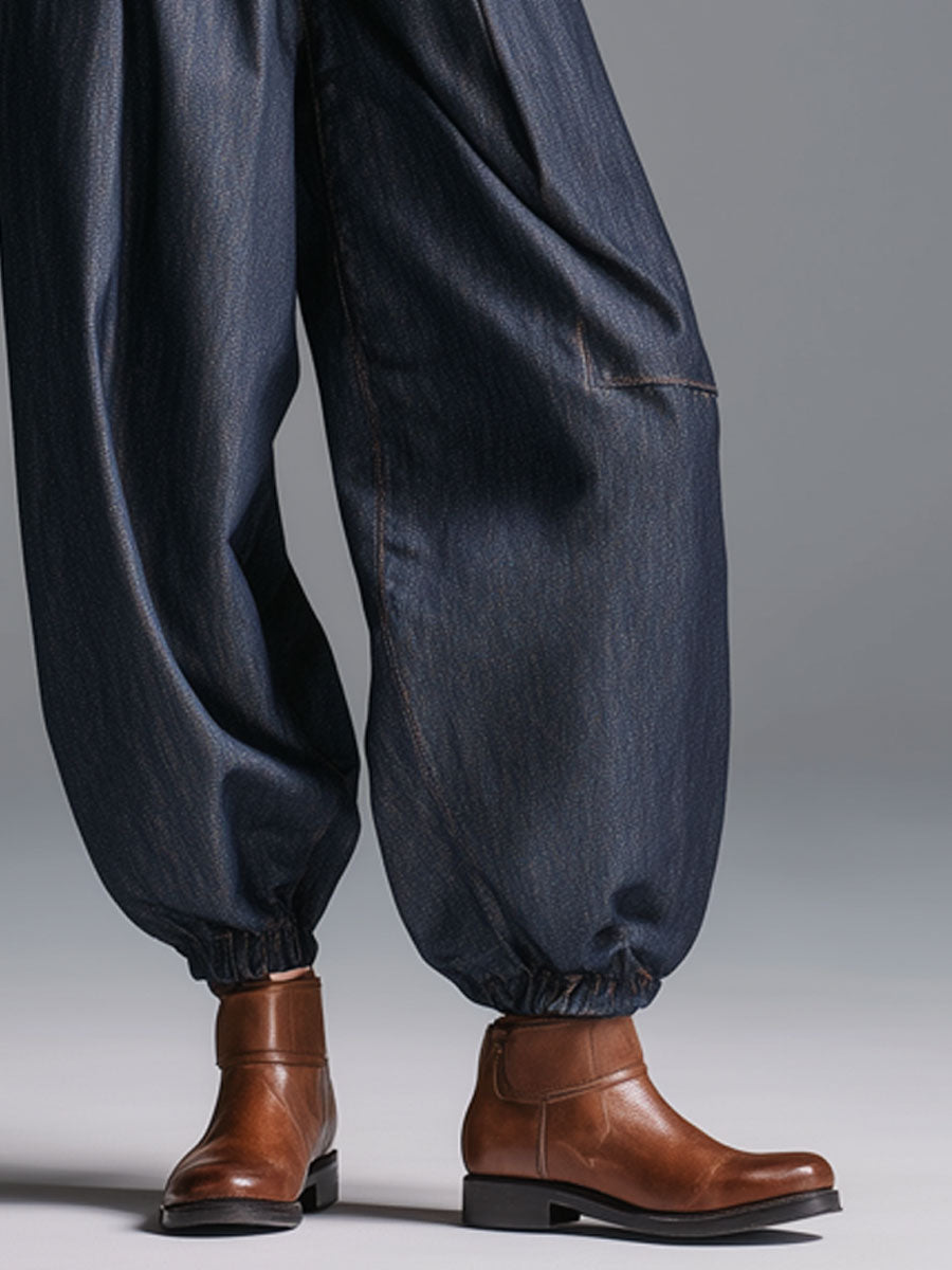 Retro Elastic Waist Navy Blue Lantern Jeans