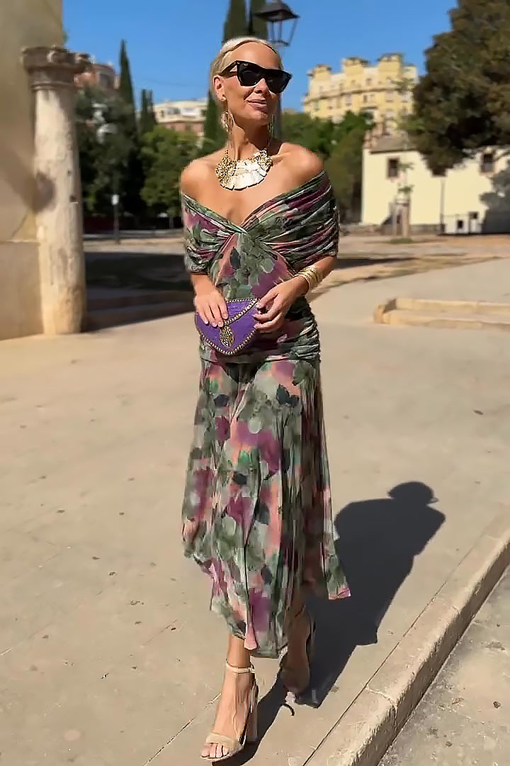 V-neck Fantasy Painted Floral Print Maxi Dress