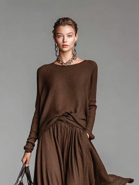 Round Neck Knitted Sweater Skirt Set