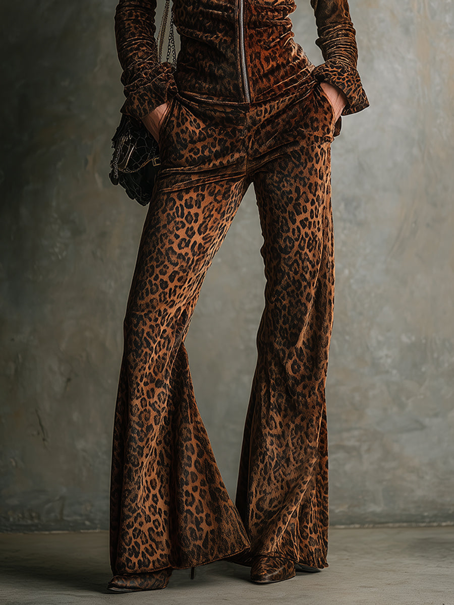 Velvet Leopard Print Stand Collar Top & Pants Set