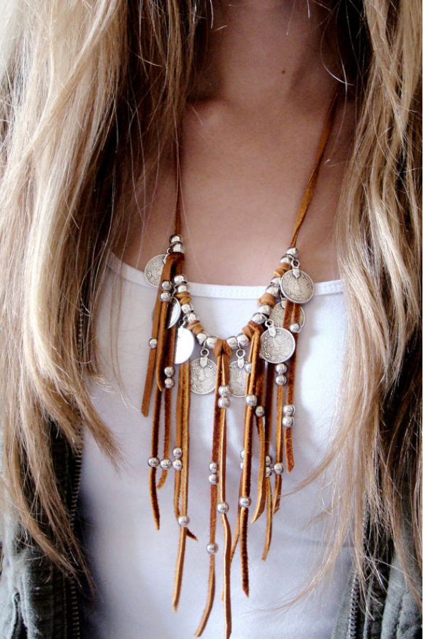 Bohemian Suede Coin Beaded Tassel Necklace