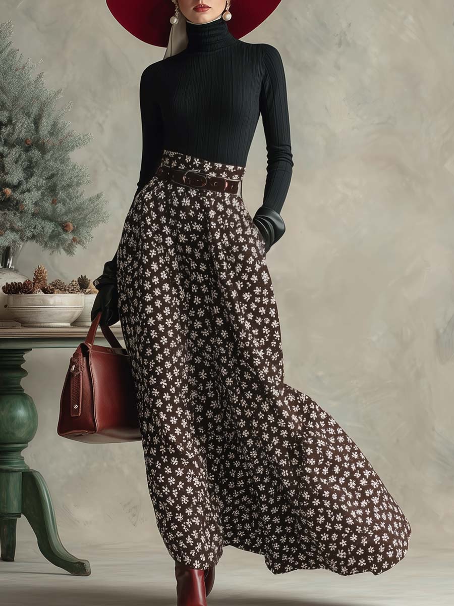 Retro Black Turtleneck Top Brown Print Skirt Set