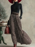 Retro Black Turtleneck Top Brown Print Skirt Set