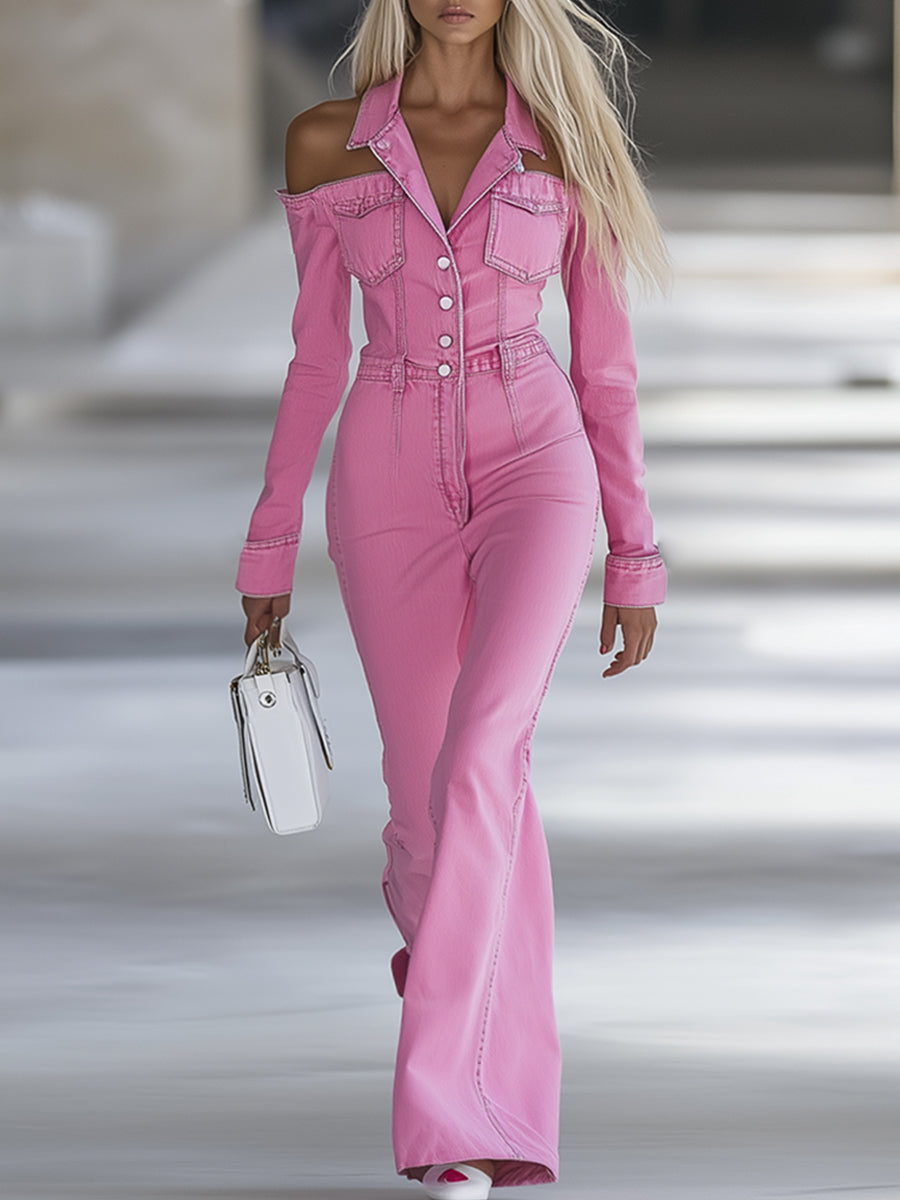 Personalized Lapel Pink Denim Flared Jumpsuit