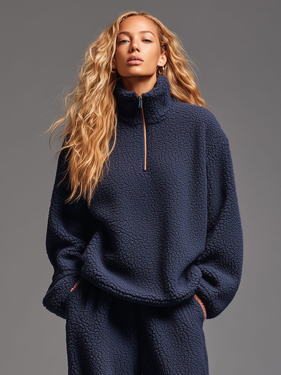 Navy Blue Polar Fleece Half-zip Pants Sports Set