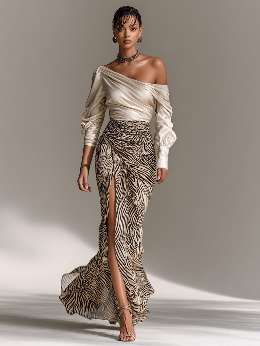 Off-shoulder Top Print Slit Skirt Two-piece Set