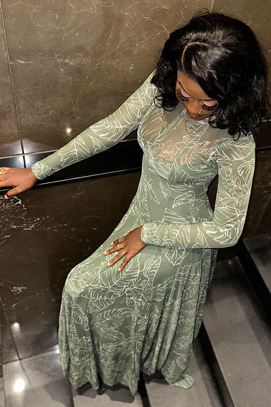 Botanical Print Sheer Mesh Maxi Dress