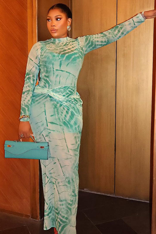 Artistic Teal Tie-Dye Sheer Turtleneck Maxi Dress