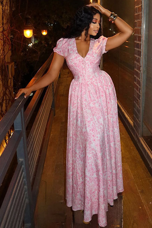 Vintage Floral Print Puff Sleeve Gown