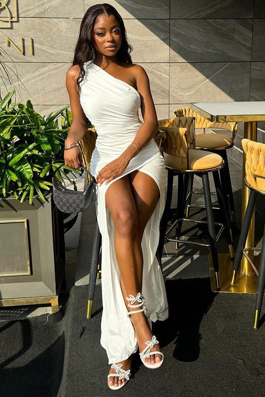 One-Shoulder Ruched High-Slit Maxi Dress