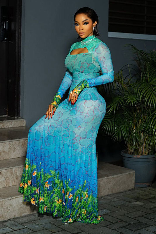 Underwater Print Mermaid Maxi Dress