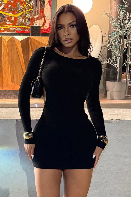Edgy Solid Color Backless Mini Dress