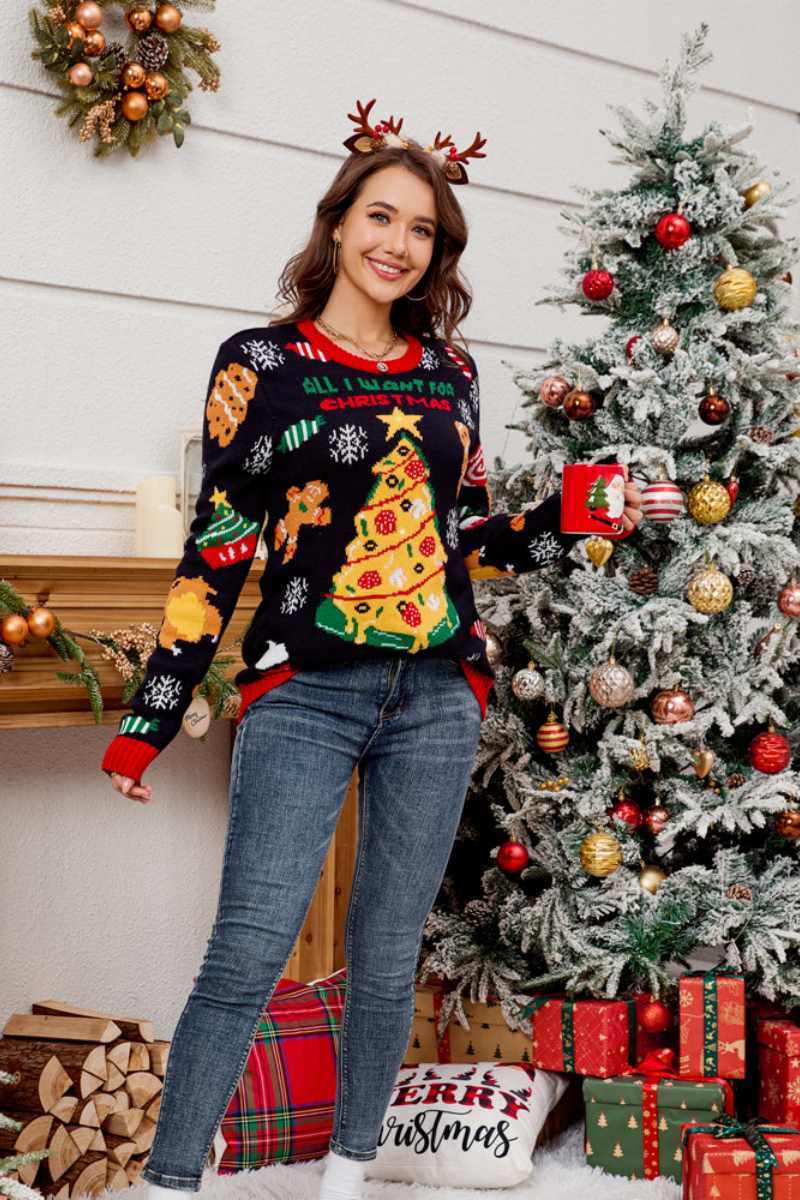Crewneck Embroidered Christmas Tree Sweater