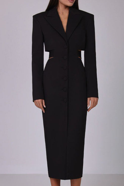 Statement Deep V Metal-Detail Blazer Midi Dress