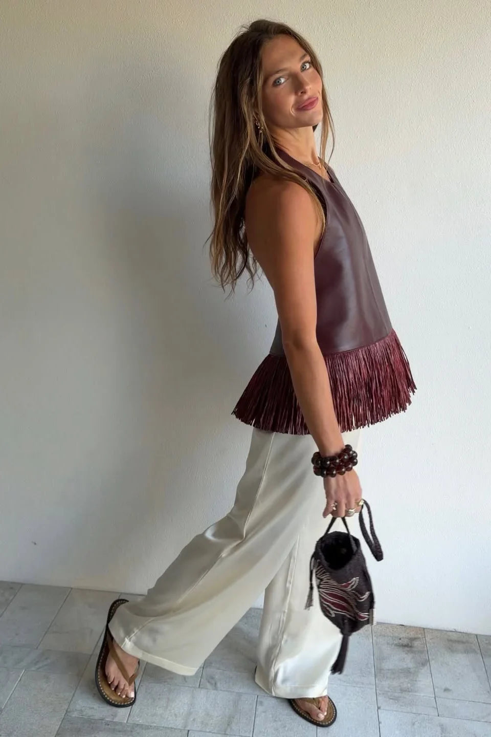 Burgundy Leather Halter Fringe Top