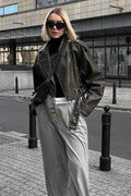 Cropped leather jacket with offset zipper collar