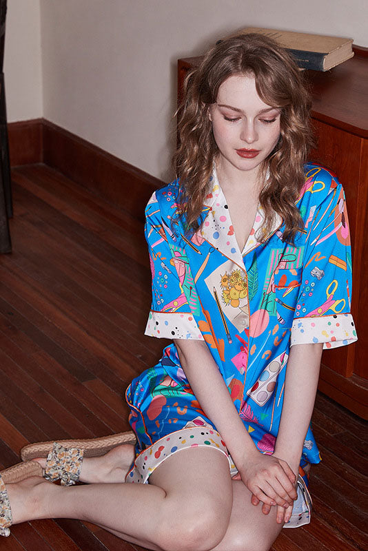 Stationery Print Short-Sleeve Set - Blue