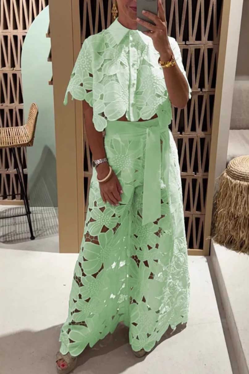 Solid Color Hollow Cardigan Two-piece Set