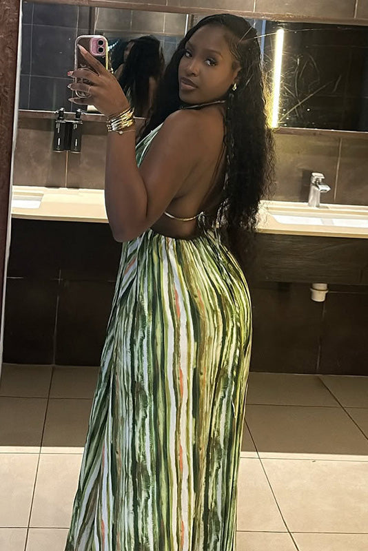 Vacation Stripe Halter A-Line Maxi Dress