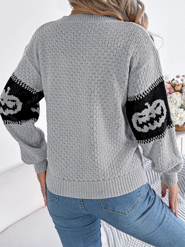 Halloween Pumpkin Head Crew Neck Knit Sweater