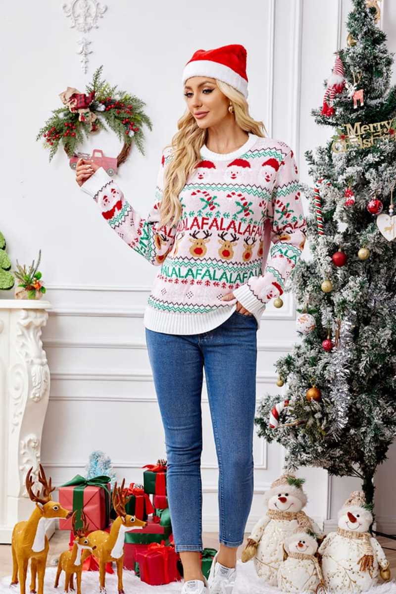 Loose-Fit Round Neck Cartoon Knit Sweater - Pink