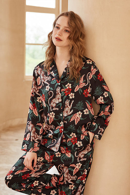 Jaguar Floral Print Ice Silk Long-Sleeve Set