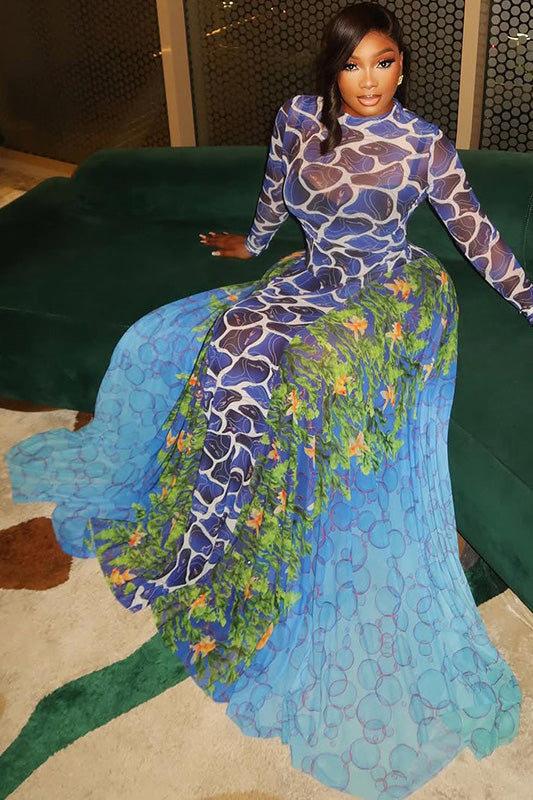 Exotic Blue Print Turtle Neck Maxi Dress