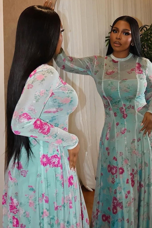 Spring Garden Print A-Line Maxi Dress