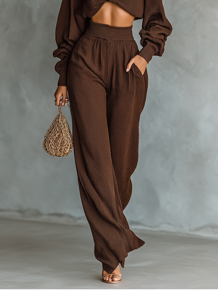 Coffee-colored Top And Wide-leg Pants Knitted Set