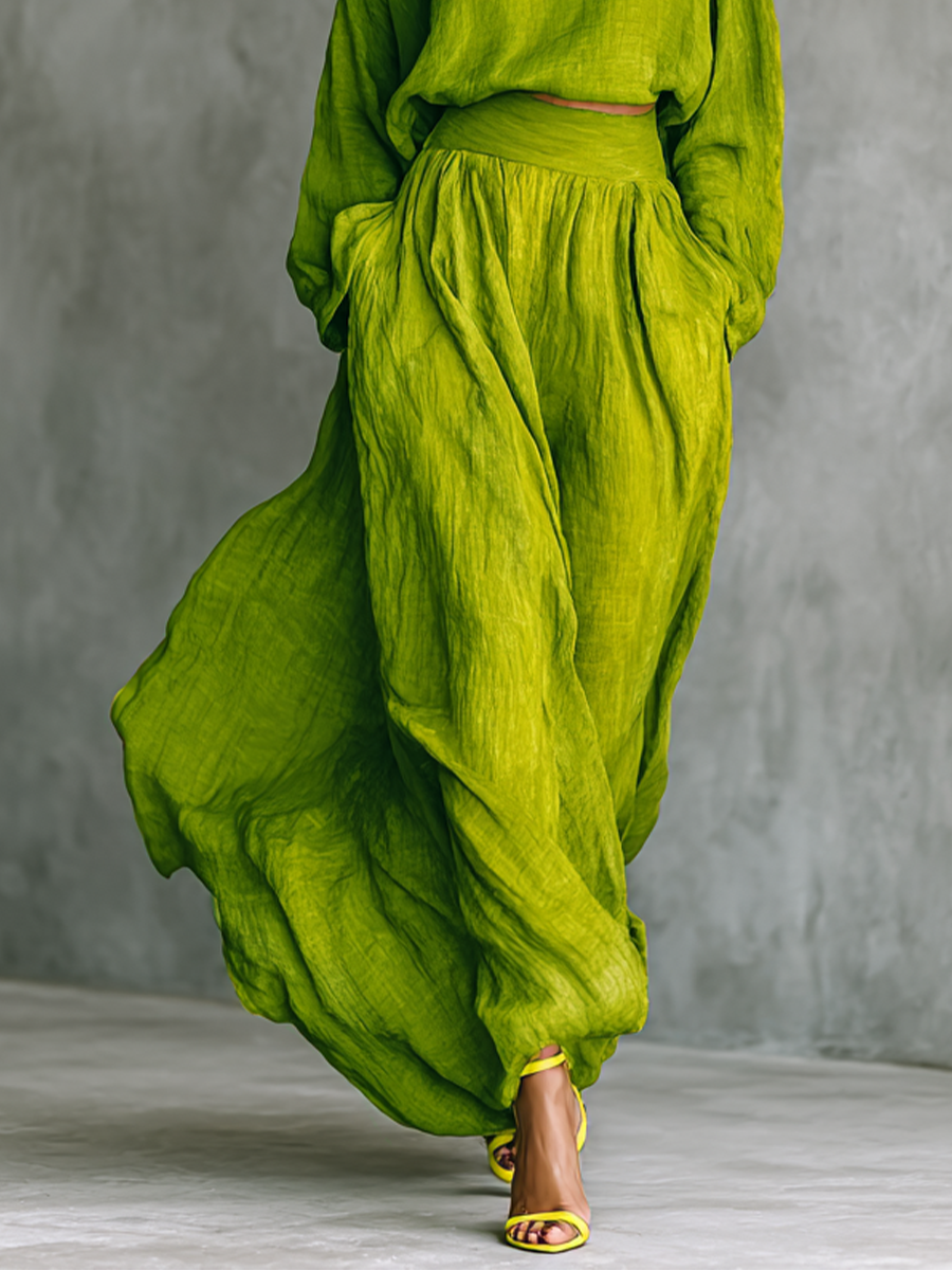 Women's Green Turtleneck Top and Maxi Skirt Set