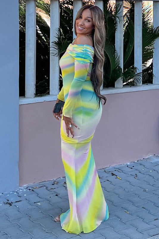 Asymmetric Rainbow Fishtail Maxi Dress