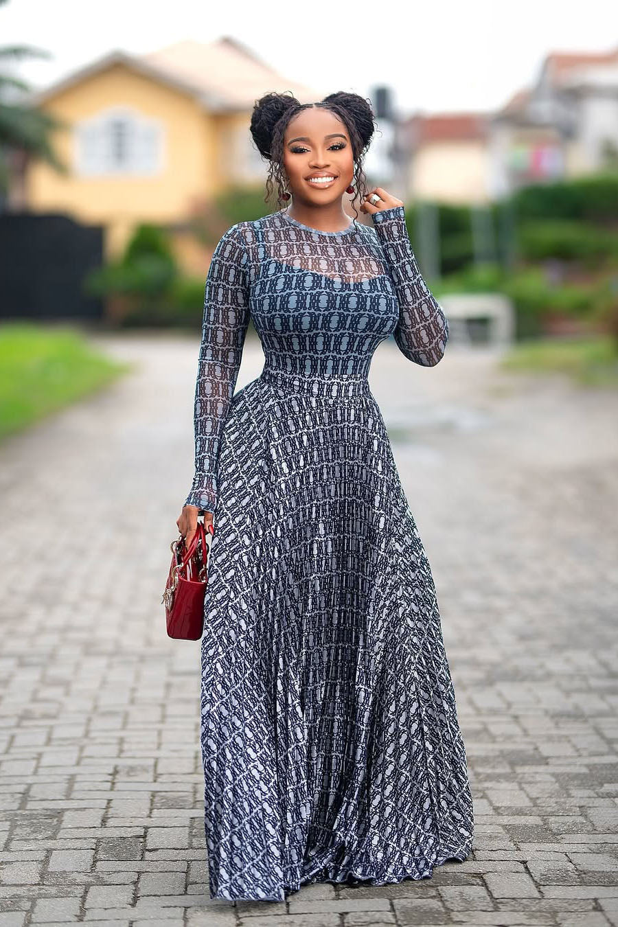 Gradient Chain-Pattern Sheer Mesh Maxi Dress
