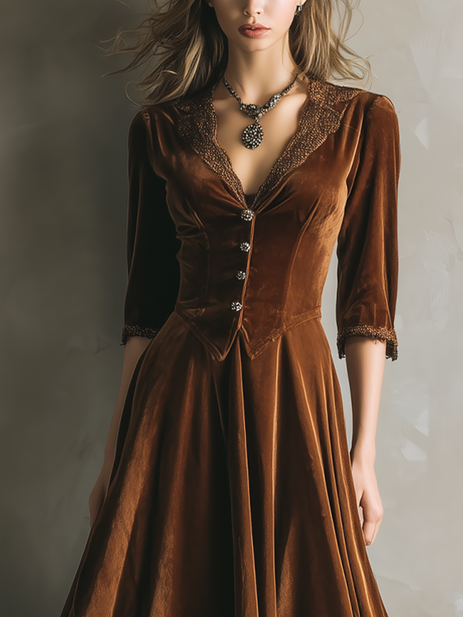 Vintage Three-Quarter Lace Velvet Midi Dress
