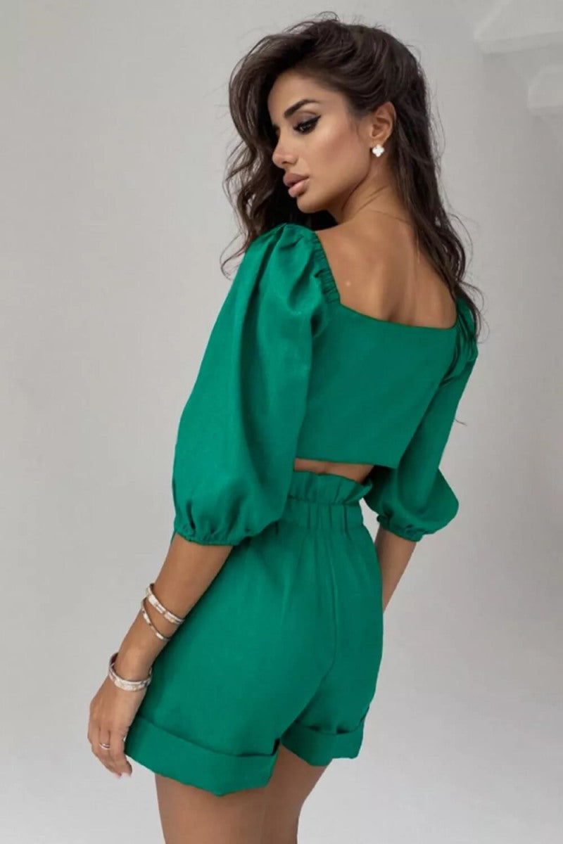 Linen Wrap Front Puff Sleeve Shorts Sets In Green