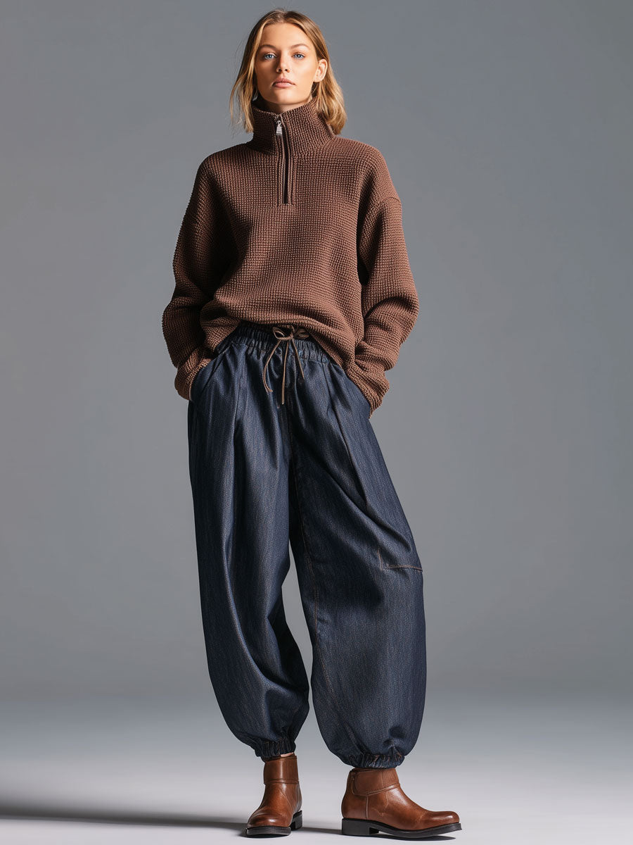 Retro Elastic Waist Navy Blue Lantern Jeans